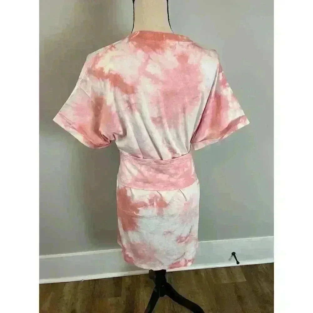 Rebecca Minkoff Tie Dye Pink T-Shirt Beach Dress With Belt Bow Rolled Sleeves XS - Picture 8 of 12